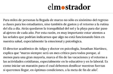 extracto El Mostrador a entrevista a Jonathan Martínez director académico de Adipa donde explica porque marzo es un mes crítico en salud mental